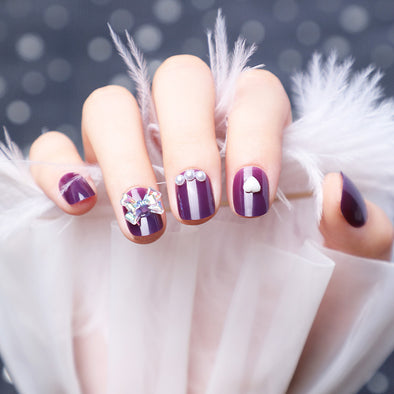 Purple Wearing Push On Fake Nails With Diamonds - 24 Pcs